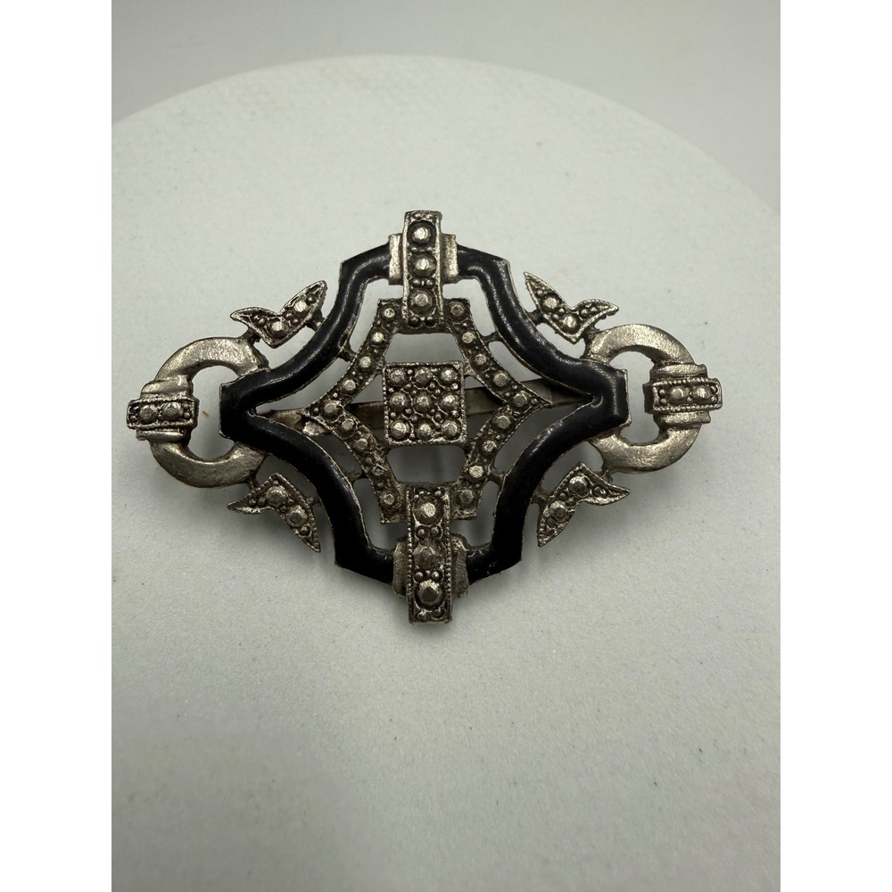 Vintage Art Deco Silver Tone Black Enamel Geometric Openwork Filigree Brooch Pin